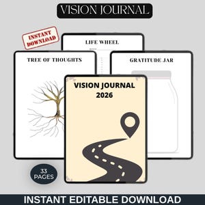 Libro de visión imprimible para 2026, PDF de manifestación de 33 páginas, cuaderno de trabajo para tablero de sueños, registro de gratitud y afirmaciones, planificador de objetivos con mapa mental.