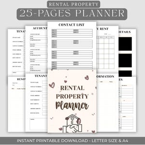 Puede incluir: Un planificador de propiedades de alquiler de 25 páginas con una cubierta color crema, con el texto "Rental Property Planner" y un gráfico de llave de casa. El planificador incluye secciones para información del inquilino, listas de contactos y seguimiento de alquileres. El texto "Instant Printable Download - Letter Size & A4" está en la parte inferior.