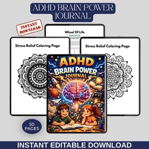 Peut inclure: Un journal numérique ADHD Brain Power avec une illustration de couverture colorée d'un cerveau, d'enfants et de divers objets. Comprend des pages de coloriage anti-stress et une évaluation de la roue de la vie. Le journal est un téléchargement instantané et modifiable de 50 pages.