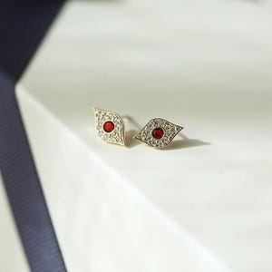 14K Gold Ruby Eye of Horus Earrings, Ancient Egyptian All-Seeing Protective Jewelry