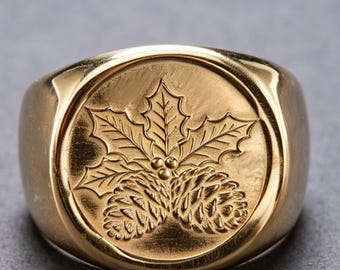 Anello a forma di pigna di agrifoglio in oro 18 carati, regalo di Natale, gioiello festivo
