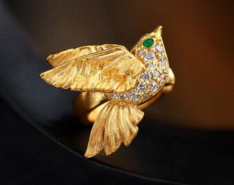 English Countryside Poem Bird Earrings 18K Gold Emerald Luxury Gift