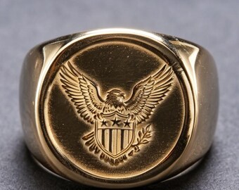 14K Gold American Eagle Star Shield Ring Military Signet for Men