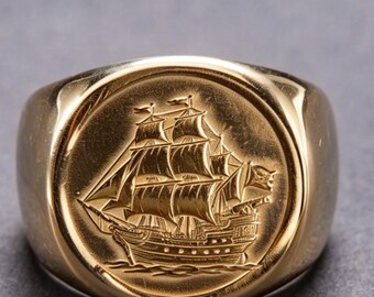 Pirate Vintage Sailing Ship 14K Gold Ring Streetwear Carved Band