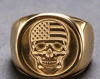 10K Gold American Flag Skull Ring Punk Street Party Men Decor