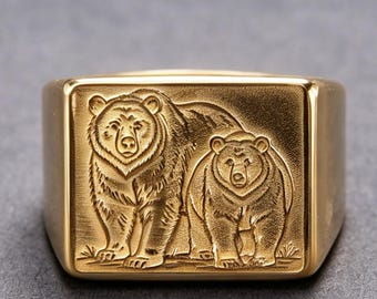 10K Gold Bear Ring American Grizzly Black Bear浮雕 Gift for Boyfriend