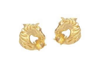 Vintage 10K Gold Horse Head Earrings, Citrine Gemstone, Courage Faith Jewelry