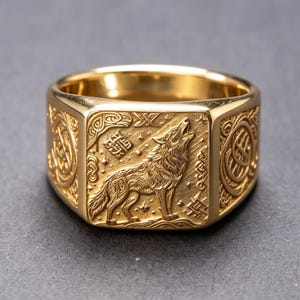 May include: A gold-toned ring featuring a square face with an embossed howling wolf design surrounded by intricate geometric patterns. The sides of the band display detailed circular knotwork engravings, creating a textured metallic finish.