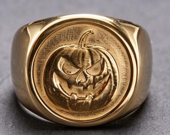 Anello personalizzato in oro 18 carati con teschio e zucca, perfetto per feste di Halloween e gioielli gotici per lei.