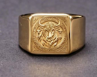 Vintage 10K Gold Milan Bull Ring Italian Toro di Milano Distressed Oxidized Masculine Zodiac