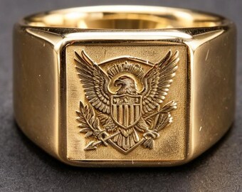 750 Gold Plated Bald Eagle Signet Ring American Crest Mens Jewelry Gift