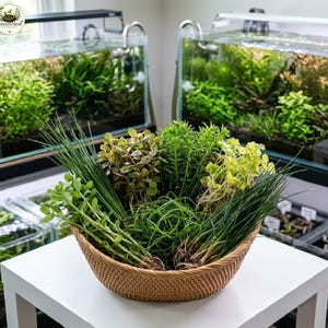 May include: A round, woven brown basket filled with a variety of fresh aquatic plants, including tall green grasses, broad-leafed stems, and curly foliage. The basket sits on a white surface in front of two glass aquariums with lush greenery.