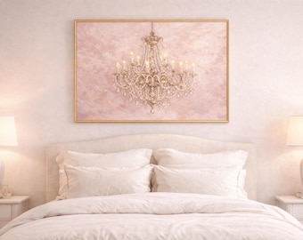 Pink Chandelier Print, Blush Wall Art Printable, Feminine Bedroom Decor, Elegant Parisian Style Art, Soft Luxury Home Decor