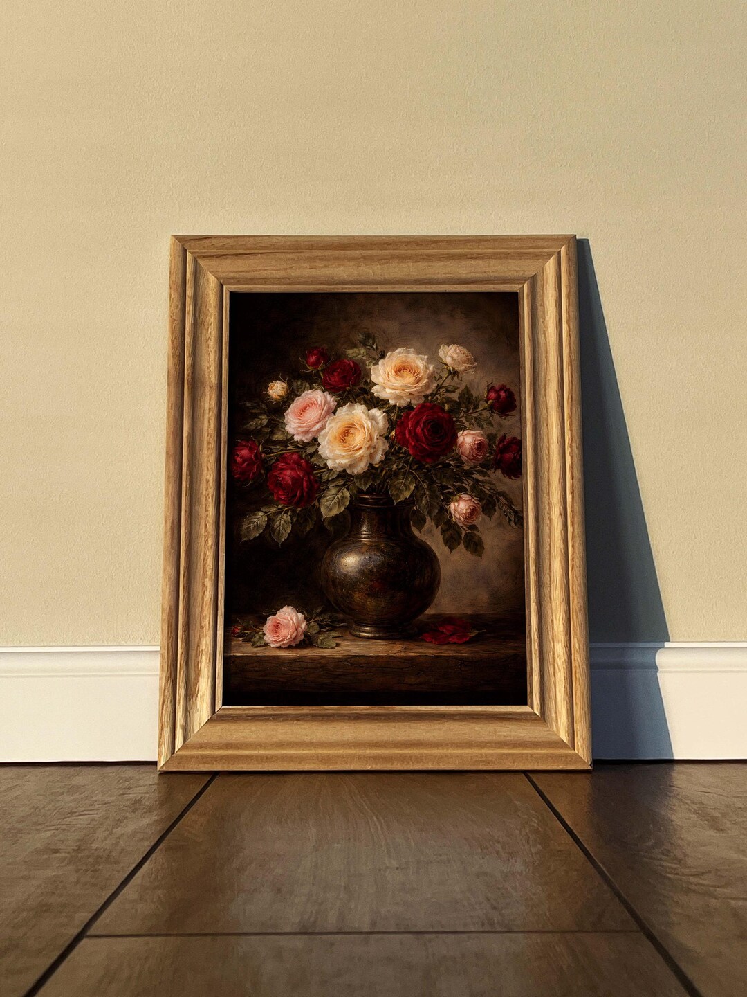 Moody Rose Still Life Wall Art, Dark Floral Vase Painting, Vintage ...