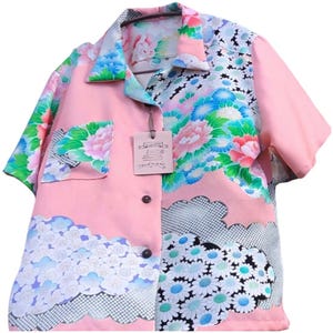 Kimono japonés reciclado, vintage, camisa hawaiana de tela de kimono, mujer, hecho a mano, L