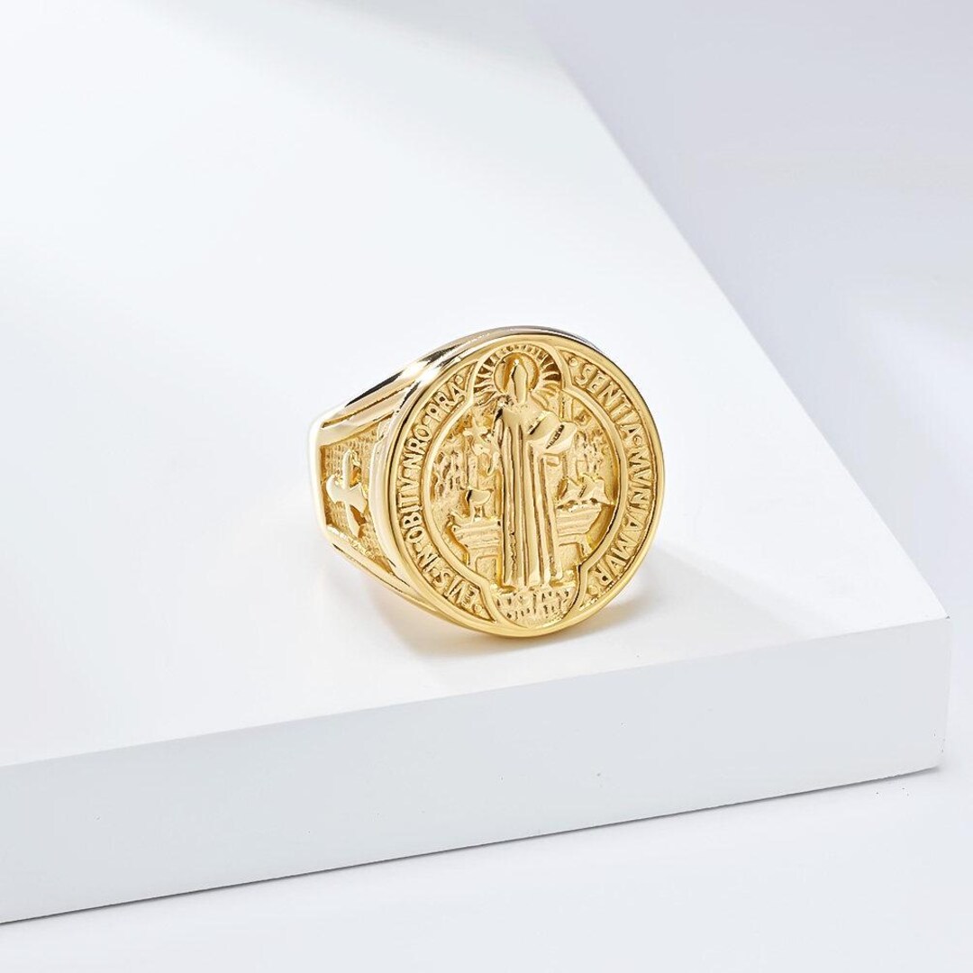 14K Gold St Benedict Ring Exorcism Protection Signet Men Business ...