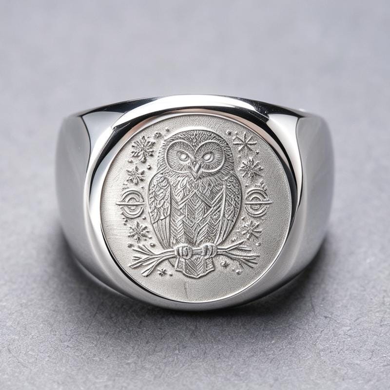 Snowy Owl Ring Alaska Polar Spirit Animal Carved 18K Gold Jewelry