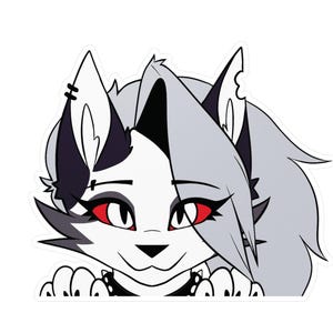 May include: A sticker featuring a cartoon wolf with white fur, gray hair, and red eyes. The wolf is peeking over the edge of the sticker, with its paws visible. The design has a black collar and a stylized aesthetic.