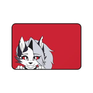 May include: A rectangular mouse mat with a red background. The design features a cartoon illustration of a white and grey wolf-like character with red eyes, peeking from the bottom.