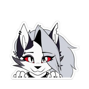 May include: A sticker featuring a cartoon cat-like character with red eyes, black and white fur, and a gray mane. The character is smiling and peeking over an edge, with its paws visible. The sticker has a white border.