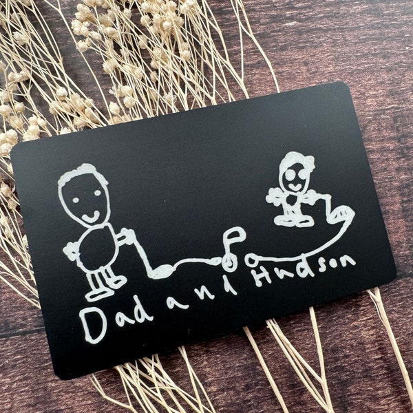 Personalised Metal Wallet Card with child's drawing for Dad on Father's Day. Kids picture artwork keepsake present for him