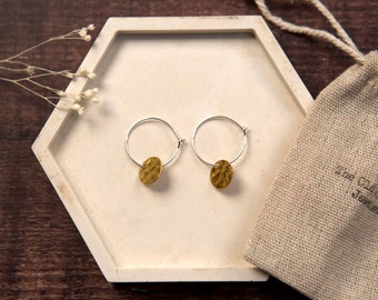 Small Hammered Disc Brass Charm Hoop Earrings Sterling Silver