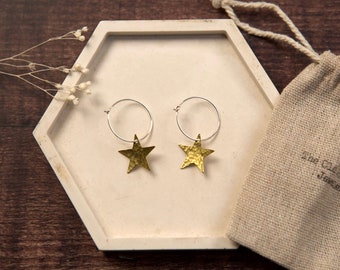 Small Hammered Star Brass Charm Hoop Earrings Sterling Silver