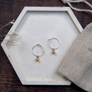 Teardrop Brass Charm Mini Hoop Earrings Sterling Silver