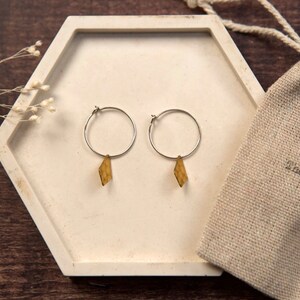 Small Dropped Diamond Brass Charm Hoop Earrings Sterling Silver