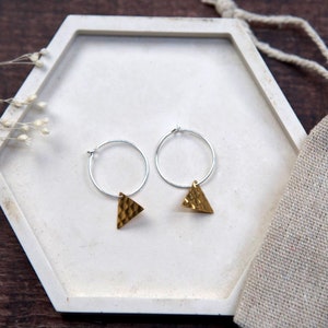 Small Triangle Brass Charm Hoop Earrings Sterling Silver