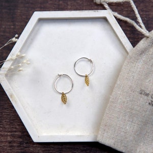Leaf Brass Charm Mini Hoop Earrings Sterling Silver