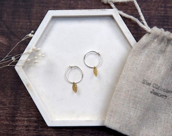 Leaf Brass Charm Mini Hoop Earrings Sterling Silver