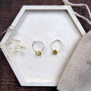 Tiny Disc Brass Charm Mini Hoop Earrings Sterling Silver