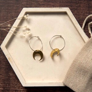 Crescent Moon Medium Brass Charm Hoop Earrings Sterling Silver