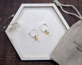 Moon Brass Charm Mini Hoop Earrings Sterling Silver