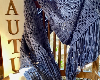 Handmade Wool Rustic Shawl Superwash Merino Boutique Yarn Ready Made Gift Colorway Westpoint Blue