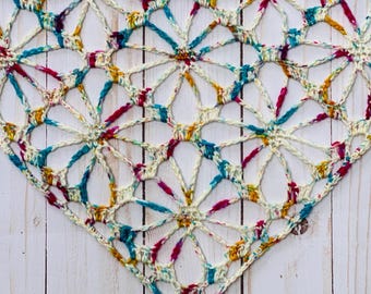 Handmade Crochet Bandana: Boho Lace Merino Wool Head Scarf - Macaw Colors