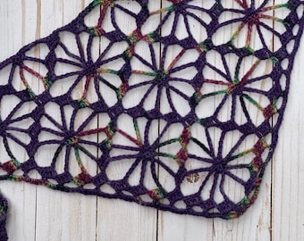 Crochet Bandana: Handmade Boho Lace Headcovering Merino Wool Hand Dyed - Purple Northern Lights