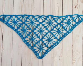Crochet Bandana: Handmade Boho Lace Neckerchief Merino Wool Hand Dyed - Turquoise Bright Happy