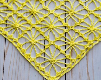 Crochet Bandana: Handmade Boho Lace Neckerchief Merino Wool Hand Dyed - Yellow Bright Happy