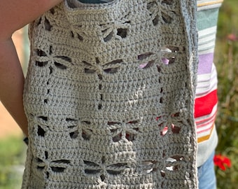 Crochet Market Tote: Handmade Cotton Bag with Dragonfly & Butterfly