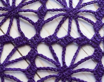 Glittery Crochet Bandana Handmade Boho Lace Headcovering Merino Wool Hand Dyed Medium Purple
