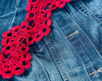 Handmade Crochet Lace Headband: Hand-Dyed Artisan Wool, Bright Red