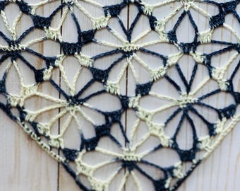 Crochet Bandana: Handmade Boho Lace Headcovering Merino Wool Hand Dyed - White and Navy