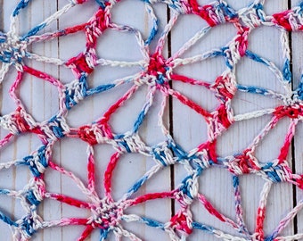 Crochet Bandana Handmade Boho Lace Headcovering Cotton Hand Dyed Patriotic July 4th