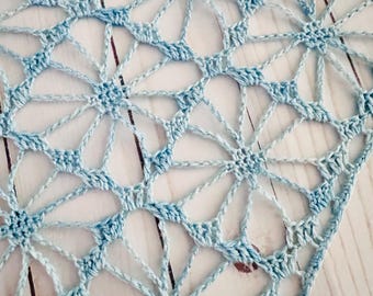 Crochet Bandana: Handmade Boho Lace Neckerchief Merino Wool Hand Dyed - Light Blue