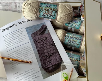 Crochet Dragonfly Tote Complete Kit Style A - Parchment