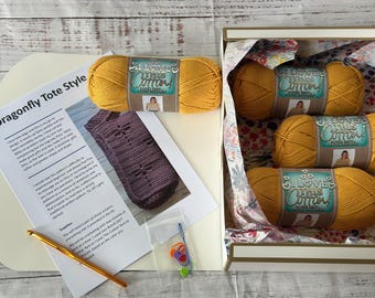 Crochet Dragonfly Tote Complete Kit Style A - Mustard
