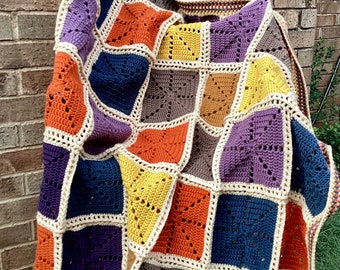 Handmade Patchwork Throw Crochet Autumn Jewel Tones Full Size