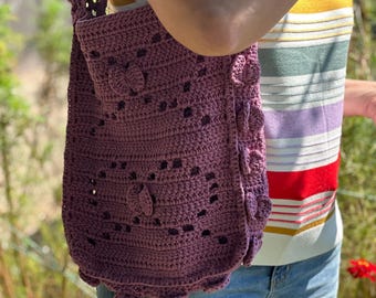 Crochet Market Tote: Handmade Cotton Bag with Bow - Dusty Purple
